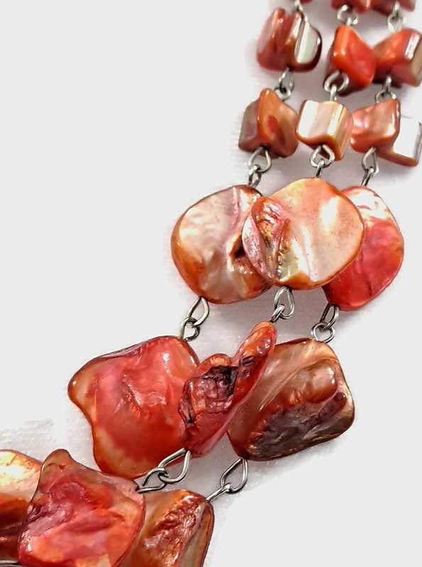 Iridescent Peach Mother of Pearl Shell 3-Strand Statement Necklace & Earring Set