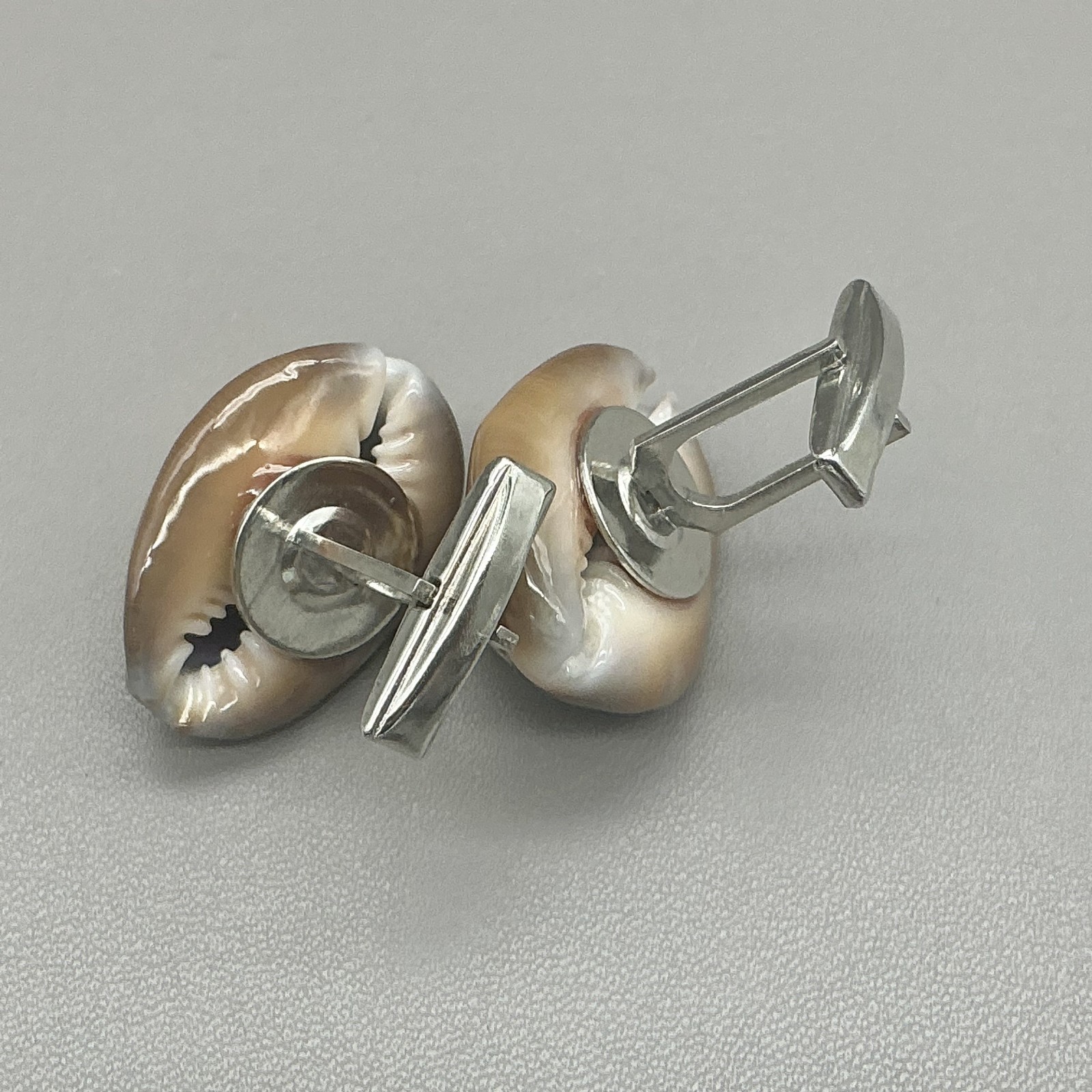 Cowrie Shell Cufflinks Men’s Natural Seashell Brown White Silver Tone Coastal