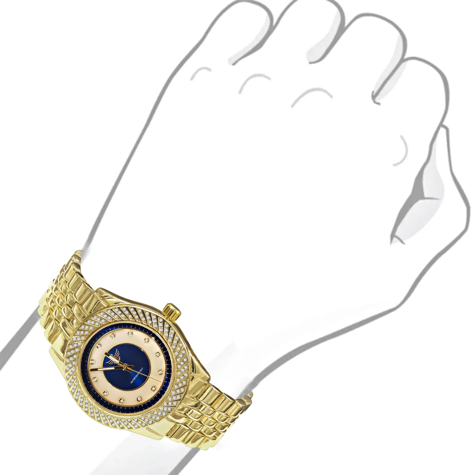 Mens Gold Tone Iced Out Quartz Watch Blue Dial Crystal Bezel Dress Watch 43mm