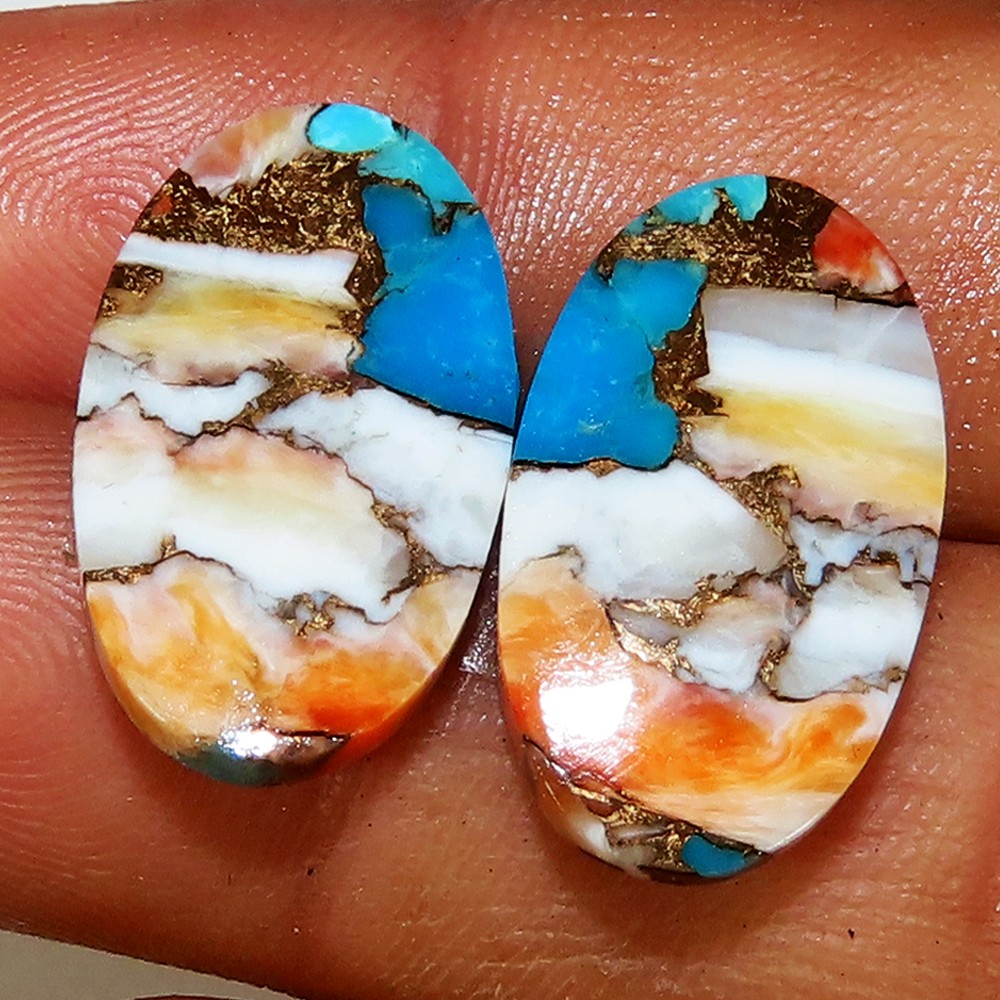Oval Spiny Oyster Turquoise Pair Opaque Treated Gemstone 23.10 Carat. 13x23x3 mm
