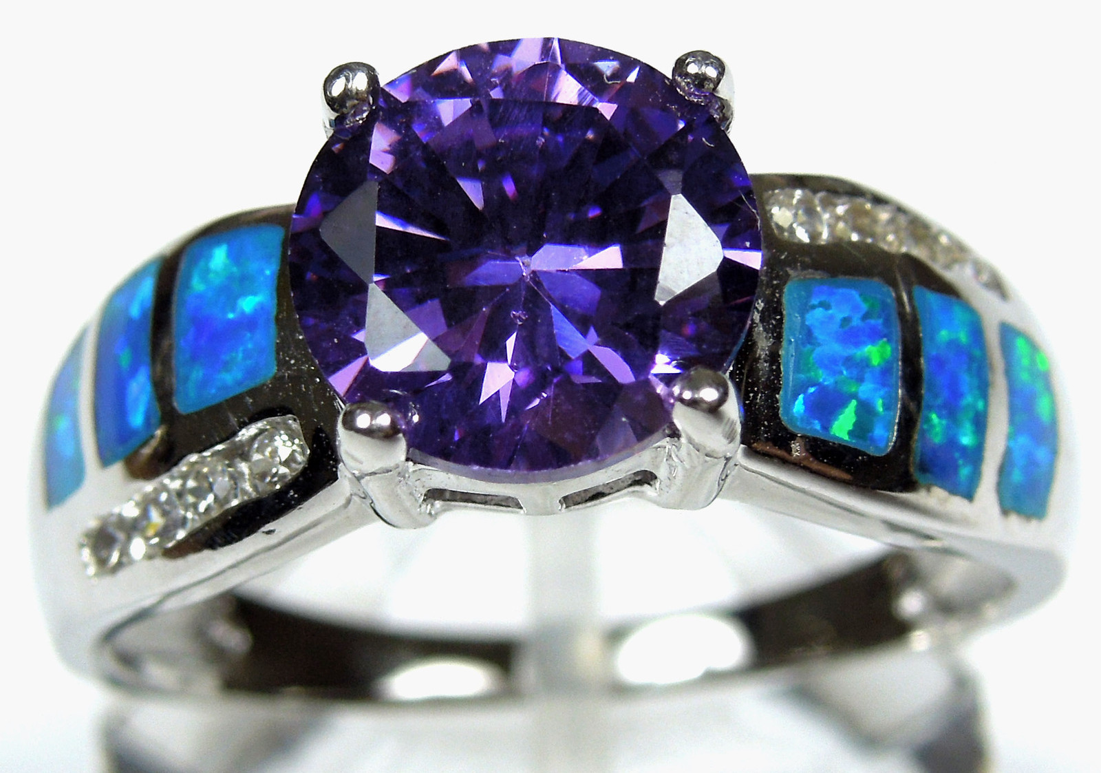 2 ct Amethyst & Blue Fire Opal Inlay 925 Sterling Silver Ring Size 6,7,8,9