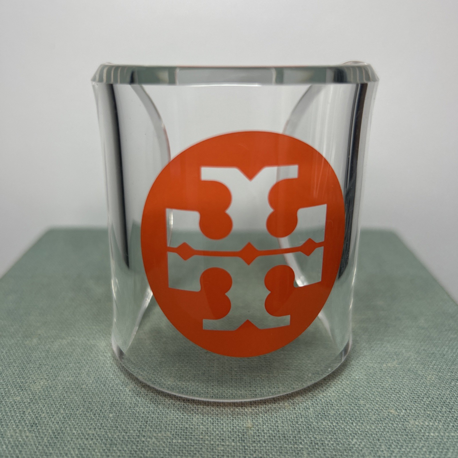 TORY BURCH White Clear Lucite Orange Logo Wide Cuff Bracelet