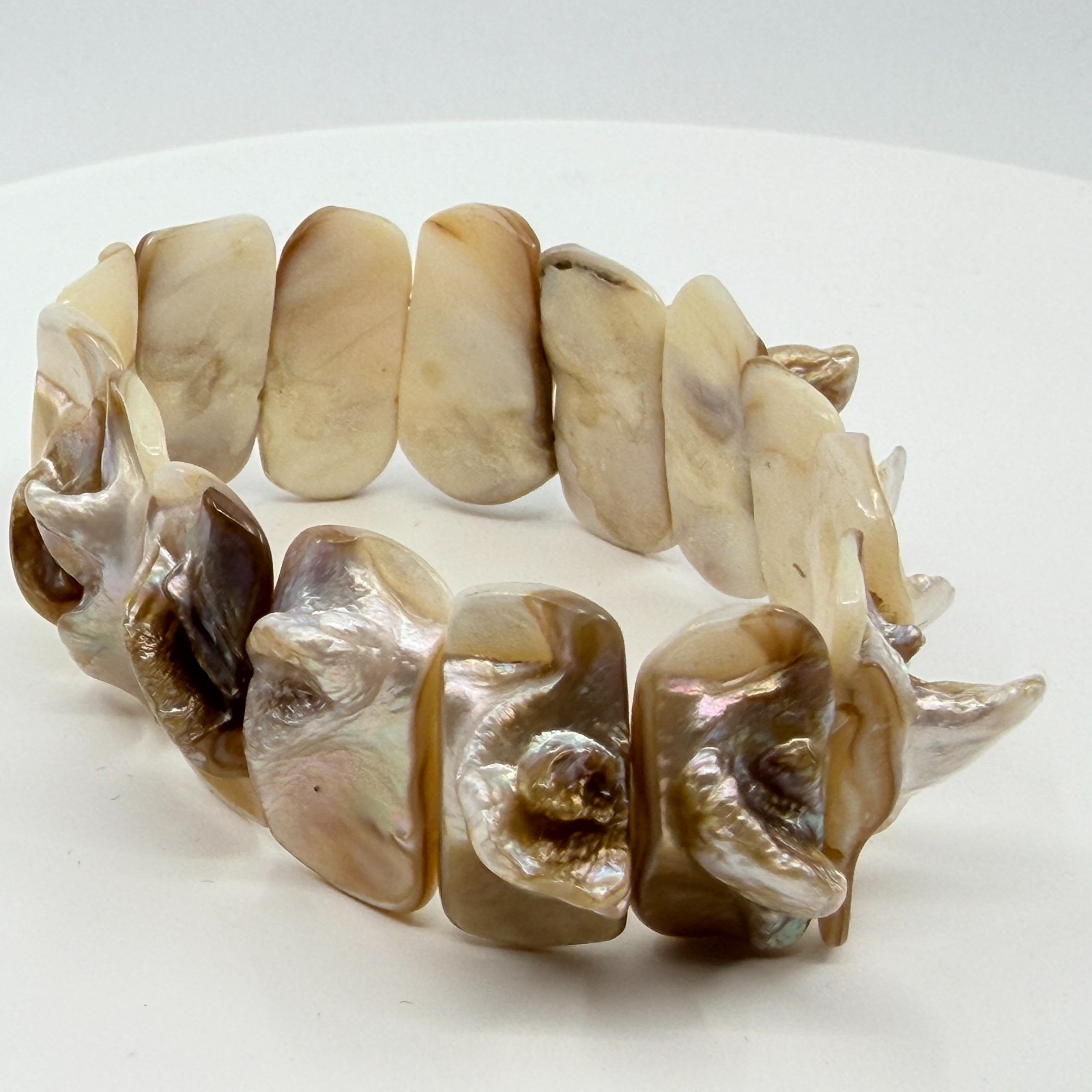Vintage Mother of Pearl Shell Statement Bracelet Iridescent Coastal Chic Stretch