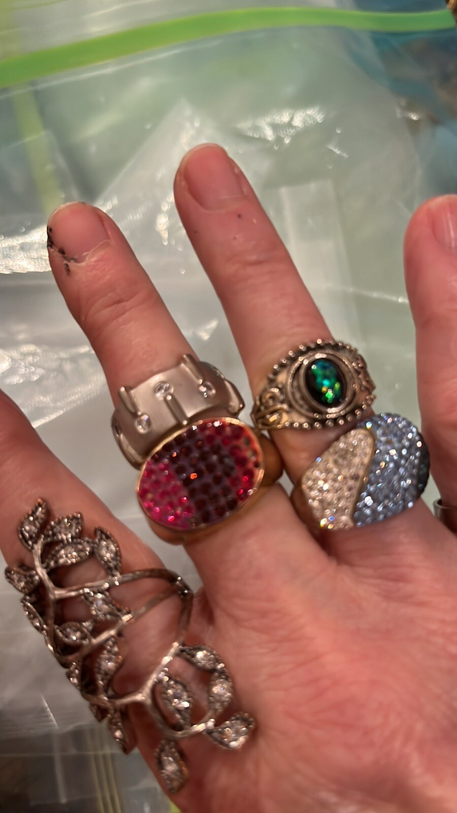 SIX COCKTAIL RINGS DIFF SIZES, Vintage, 18k Gp, Bling Marked Etc