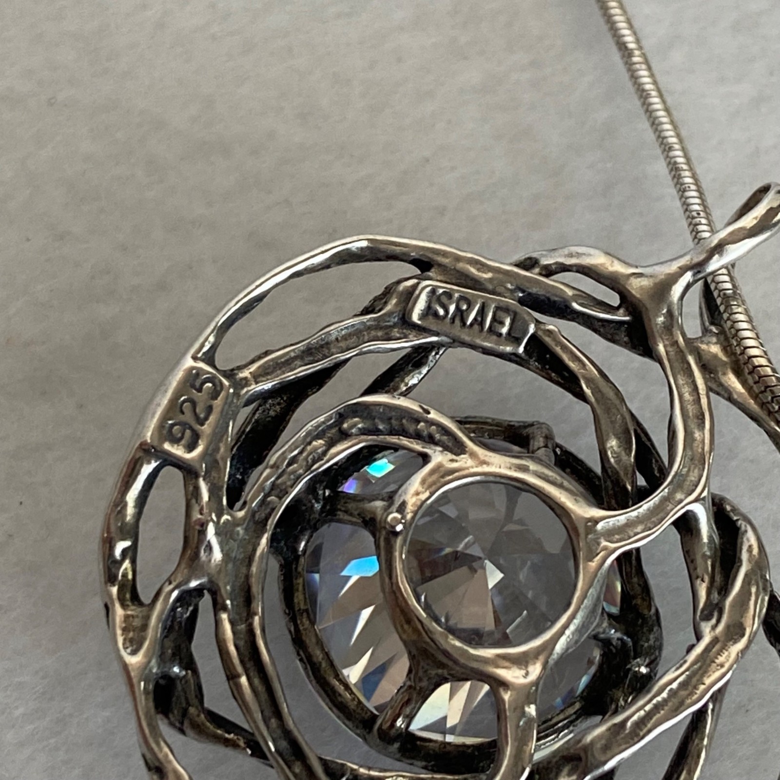 Sterling Silver 925 PZ Israel Large Round Modernist Pendant Necklace 18″