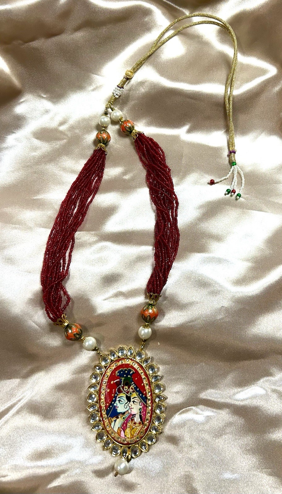 Radha Krishna Hand-Painted Enamel Pendant Necklace | Boho Indian Art
