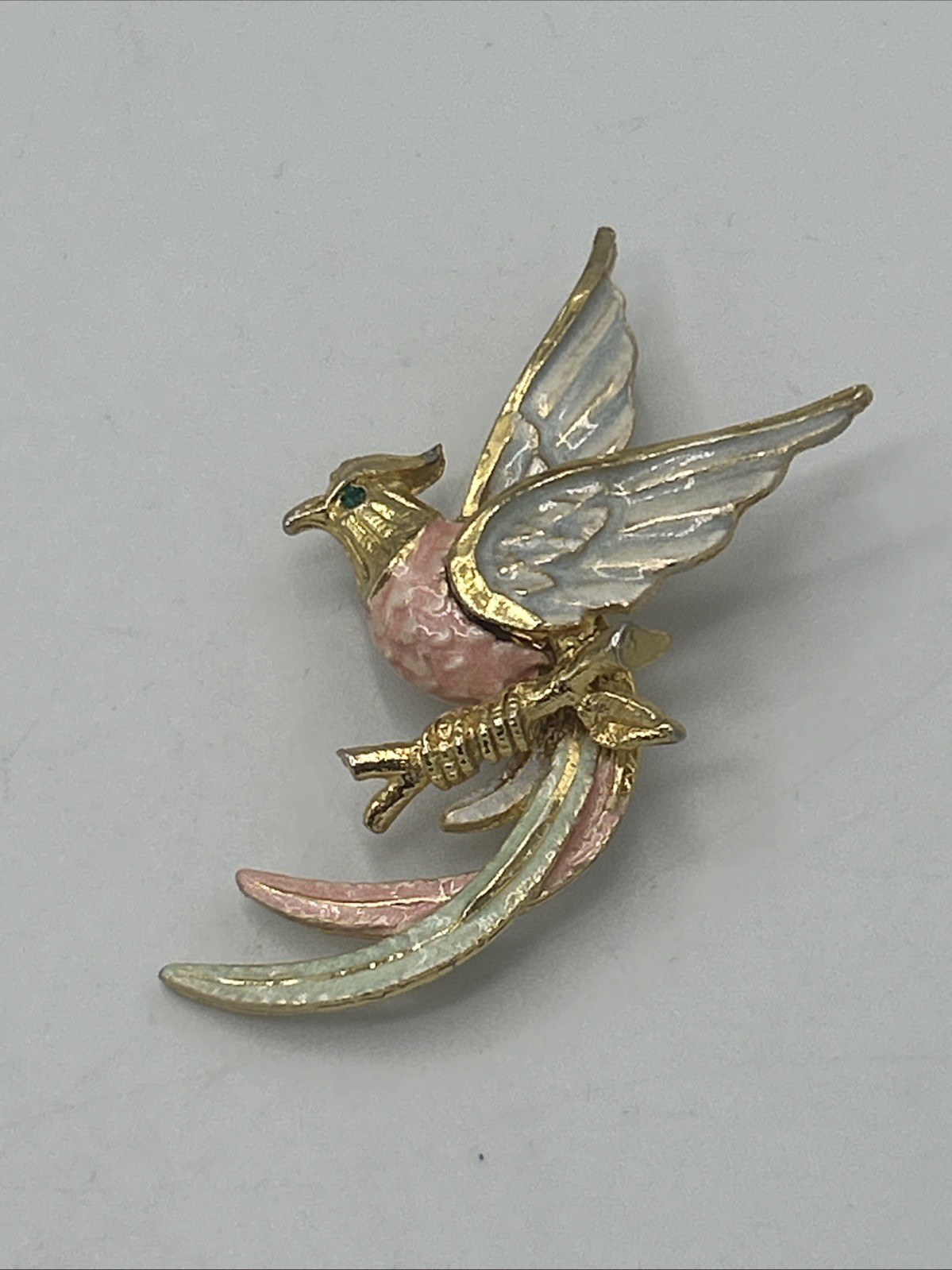 Vtg Bird of Paradise Phoenix Enamel Pastel Pink Blue Green Brooch 2.5″ Gold Tone