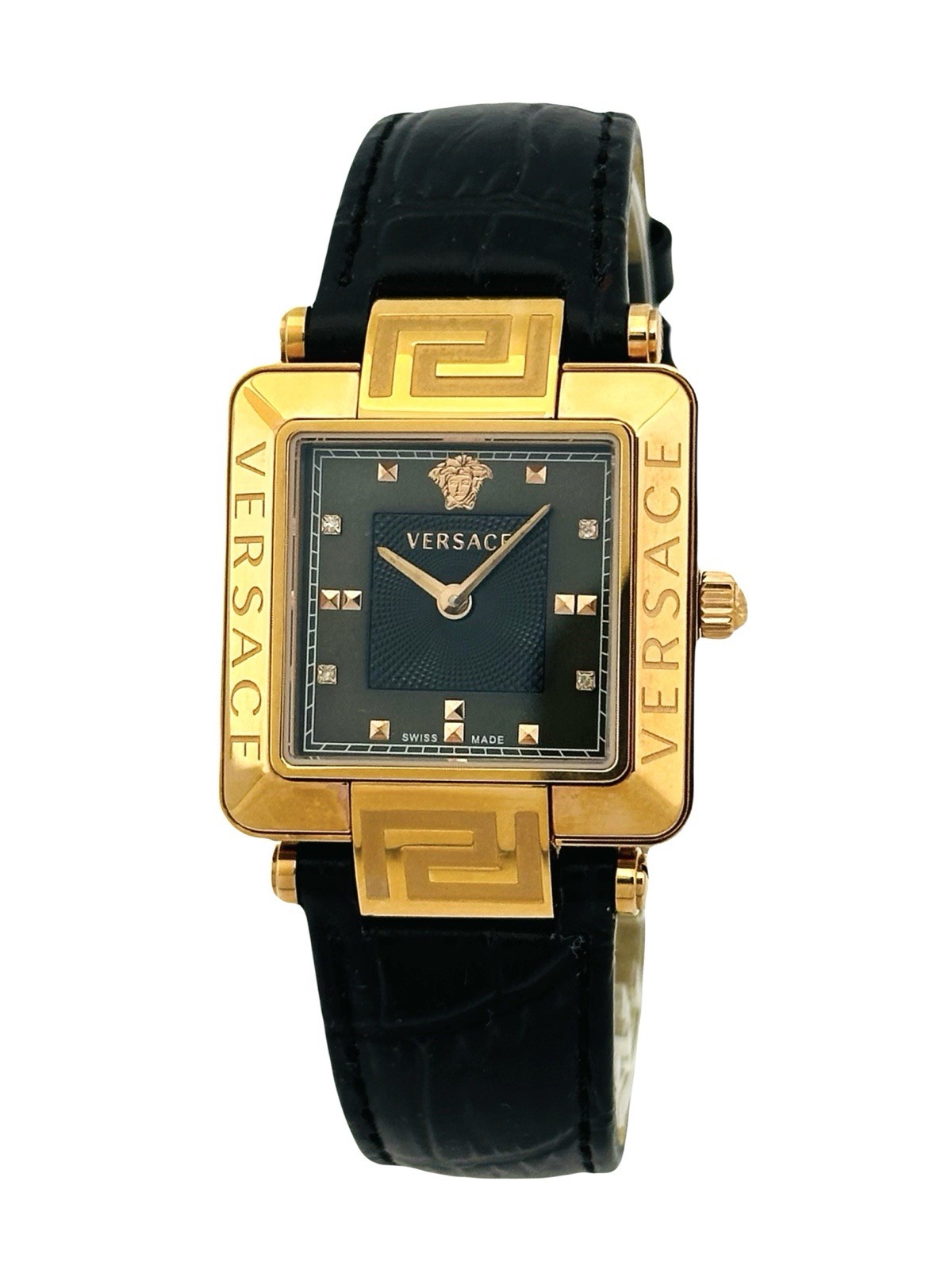 Versace Women’s 88Q80SD008S009 Rêve Carré Diamonds Black Leather Strap Watch 88Q