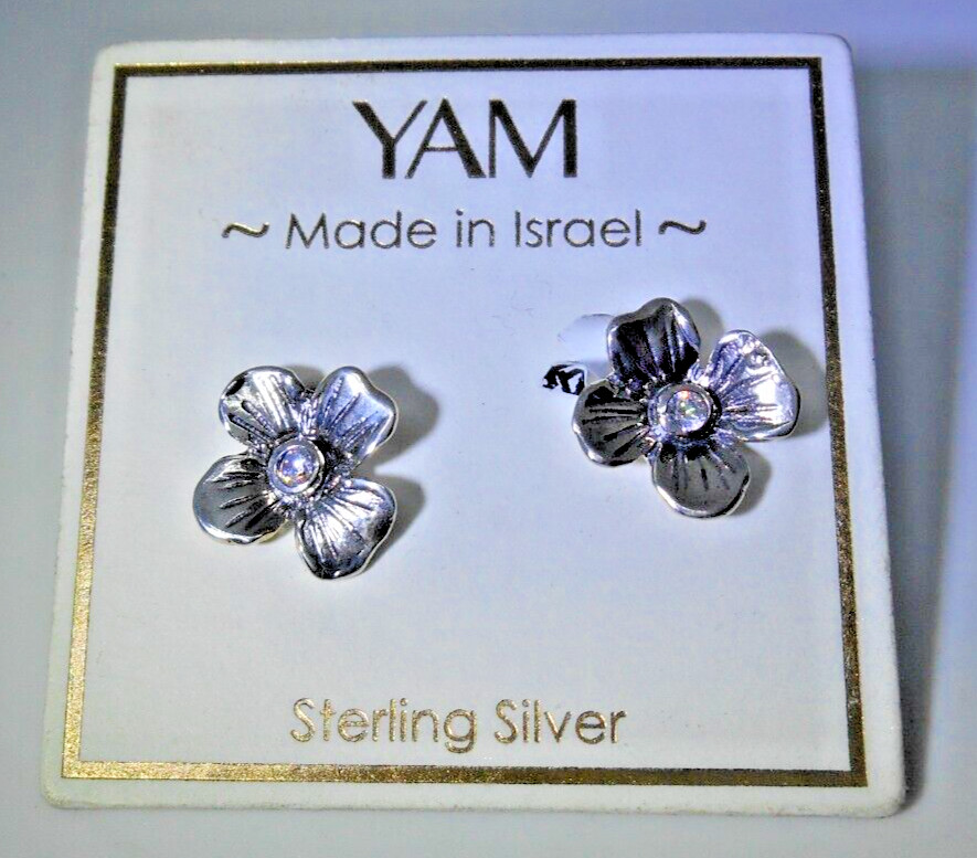 Vintage YAM Israel Flora Earrings Sterling Silver CZ’s NOS NWT