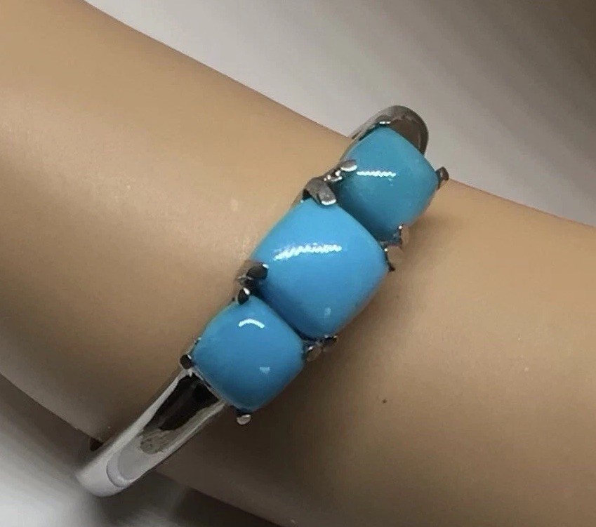 Three-Stone Cushion Sleeping Beauty Turquoise Pure Stainless Steel Ring SZ 10