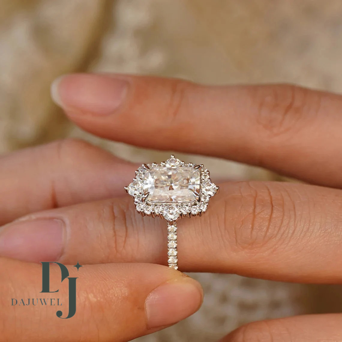 F/VVS1 Moissanite Halo Engagement Ring Solid 14K White Gold 2.50 CT Radiant Cut