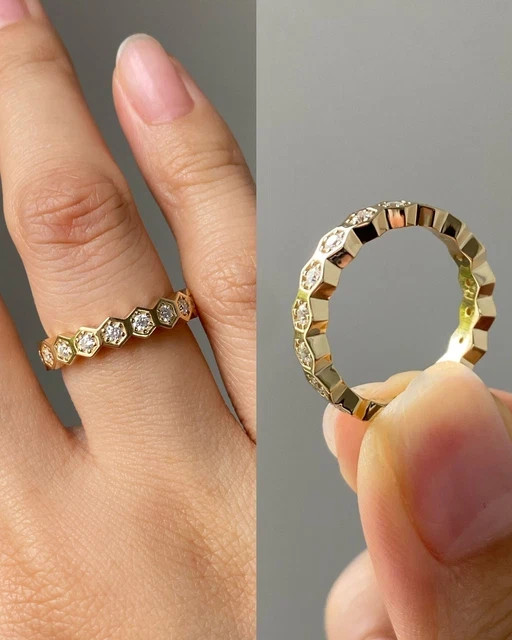 Round Cut Simulated Diamond Hexagon Wedding Band 925 Sterling Silver Dainty Ring