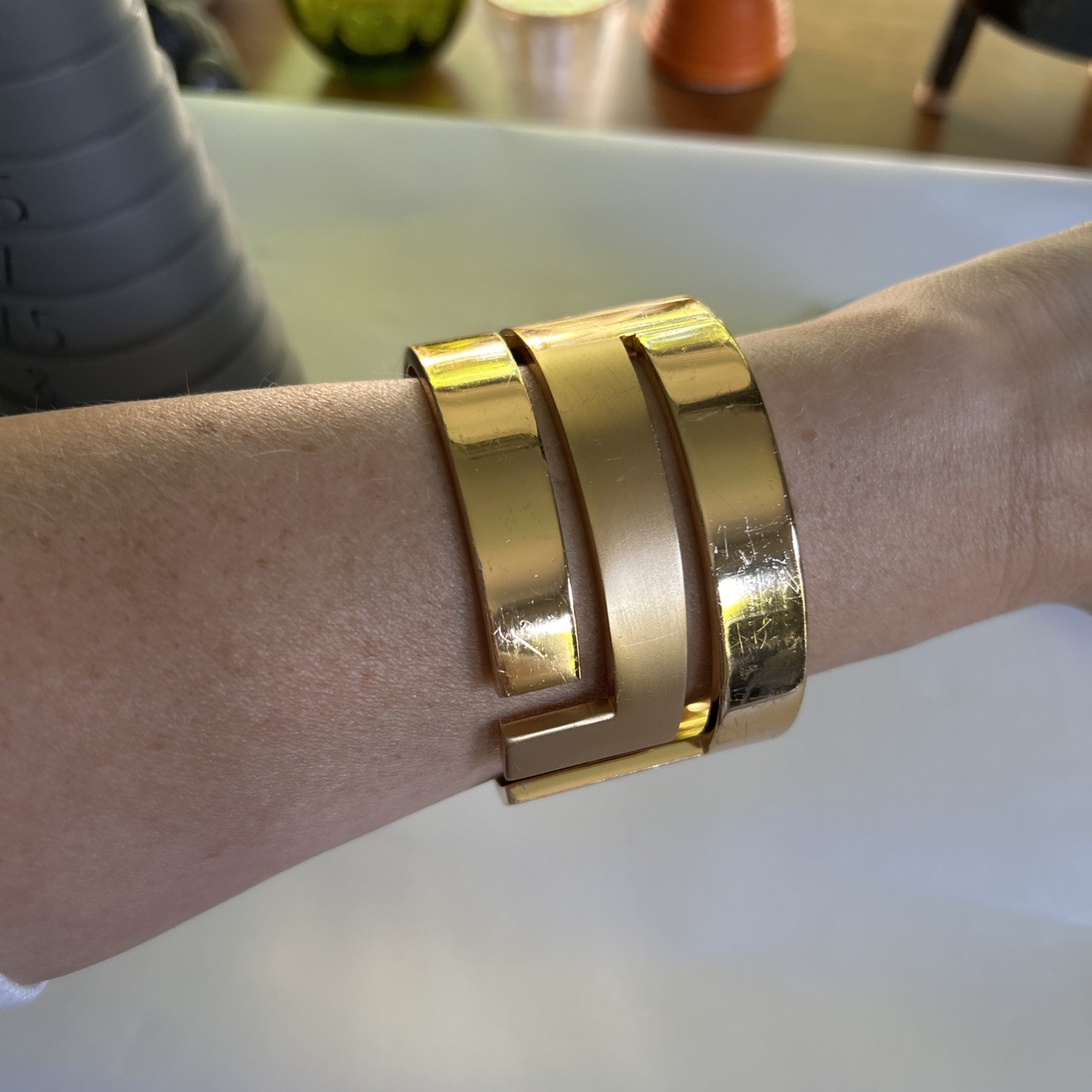 Vintage 70’s Lanvin Paris Signed Gold Plated Wide Clamp Statement Bracelet