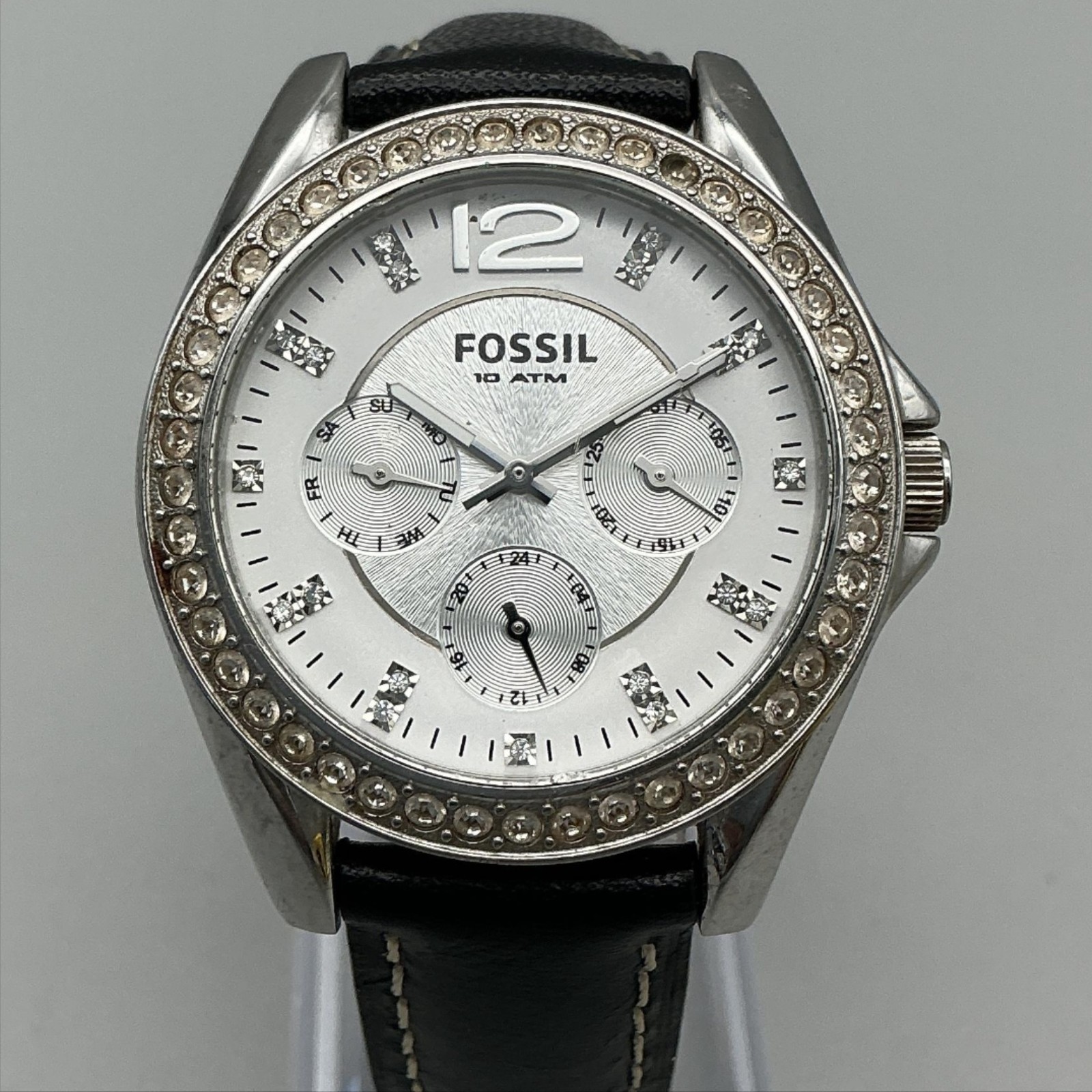 Fossil Riley ES3103 Womens Watch 39mm Crystal Bezel Black Leather New Battery
