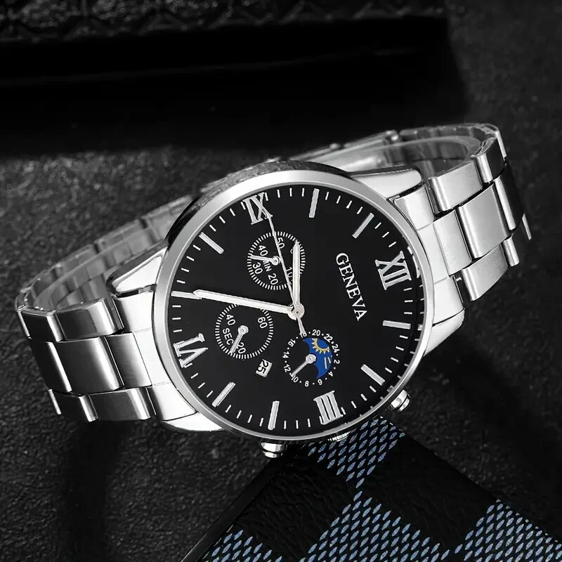 4Pcs Set Fashion Silvery Quartz Watch Cross Necklace Bracelet Ring Mens Gift New
