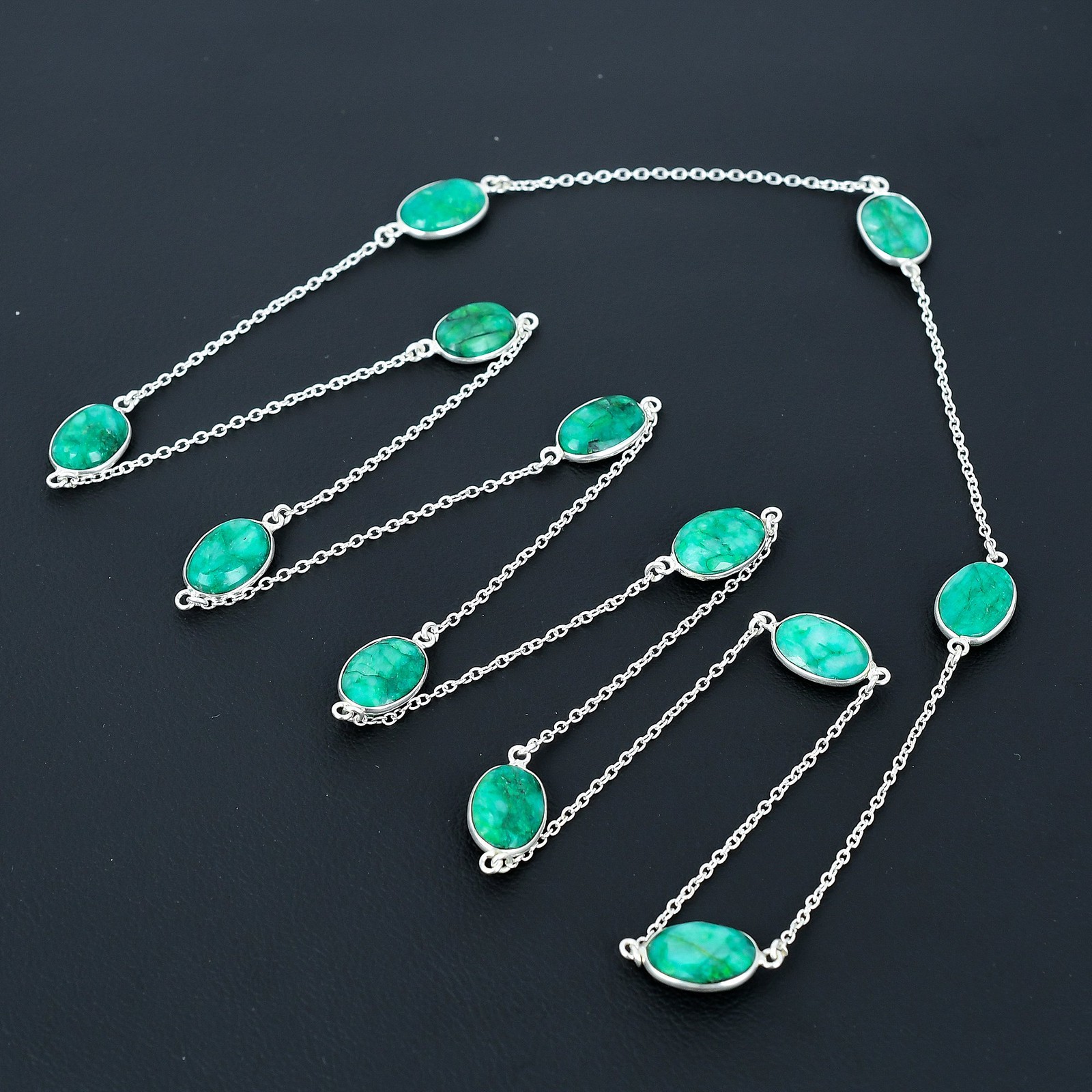 Zambian Emrald Oval Gemstone 925 Sterling Silver Jewelry Necklace 36″ VJ 973
