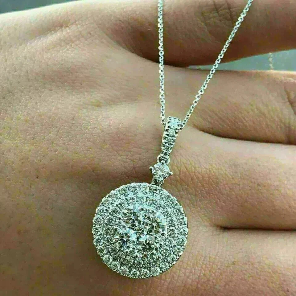 2.50 Ct Round Cut Real Moissanite 14k White Gold Plated Cluster Women’s Pendant