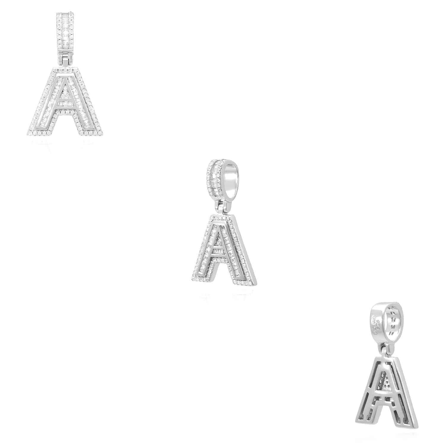 18K White Gold Over Silver CZ Initial Letter Charm Pendant 1.2″