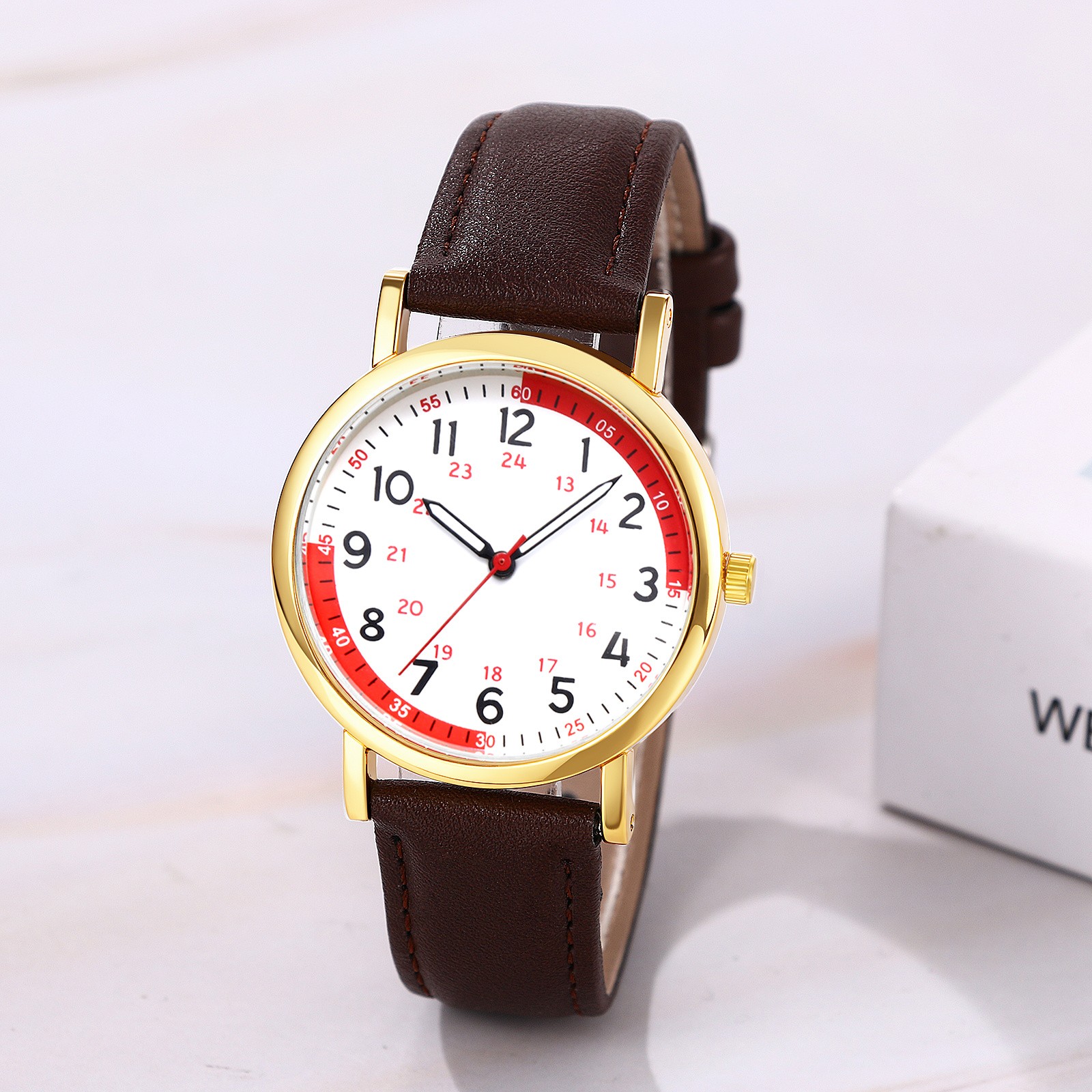Womens Men Leather Band Easy Reader 24H/12H Dial Pulse Calculation Medical Watch