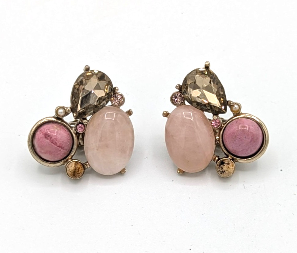 Vintage Pink Rose Quartz Clip On Earrings Smoky Rhinestone teardrop Chicos