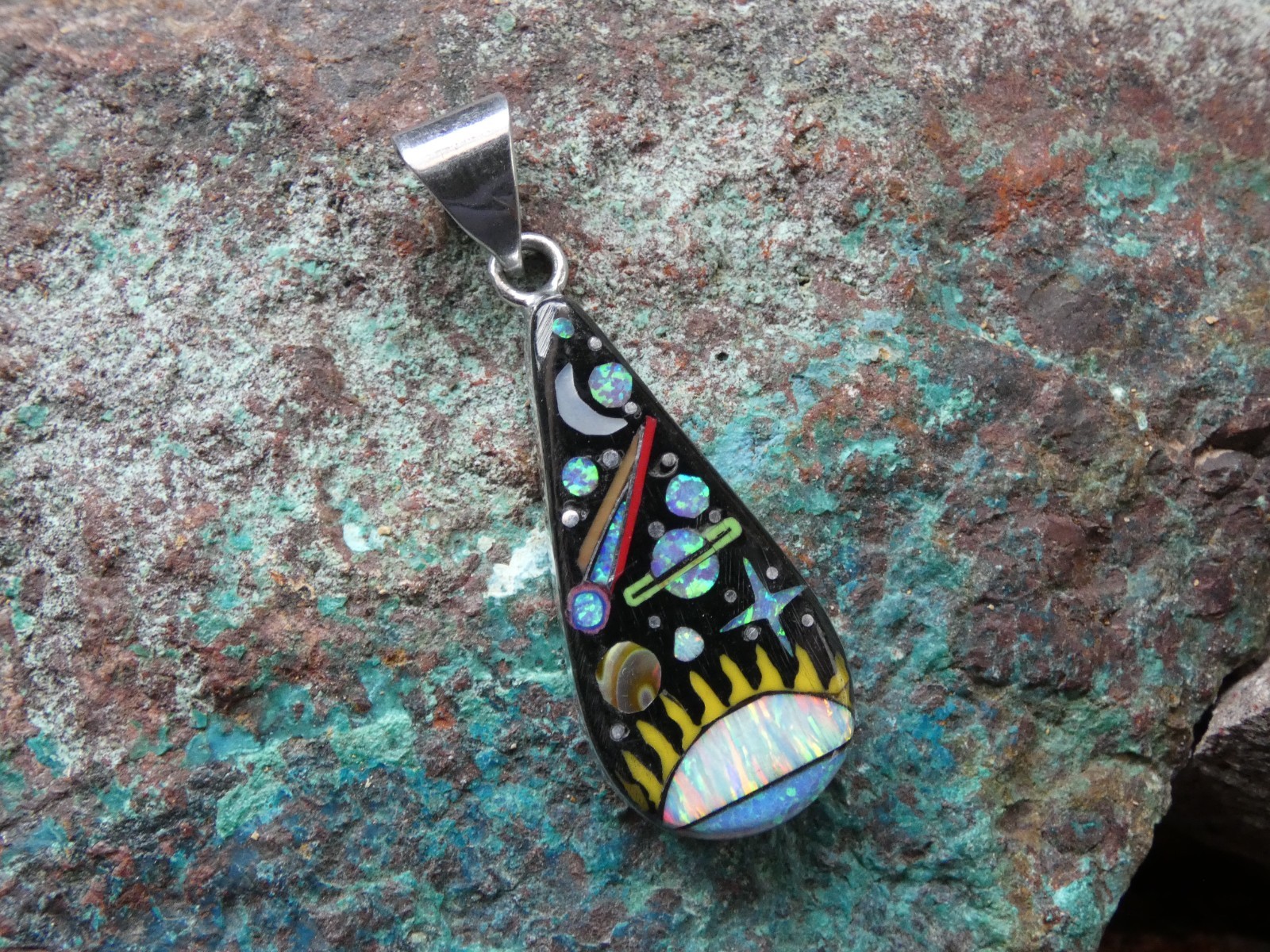 Sun Planets Night Sky Gemstone Opal Aluminum Sterling Silver Alloy Pendant AT2