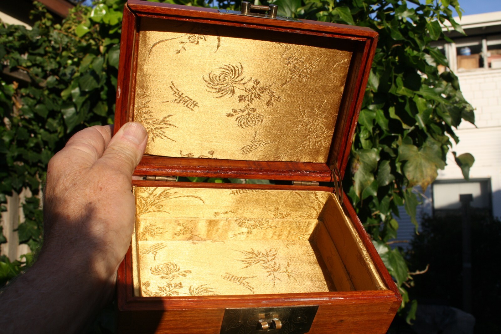 Vintage Chinese Wood & Brass Jewelry Box with Gold Silk Lining Dovetailed