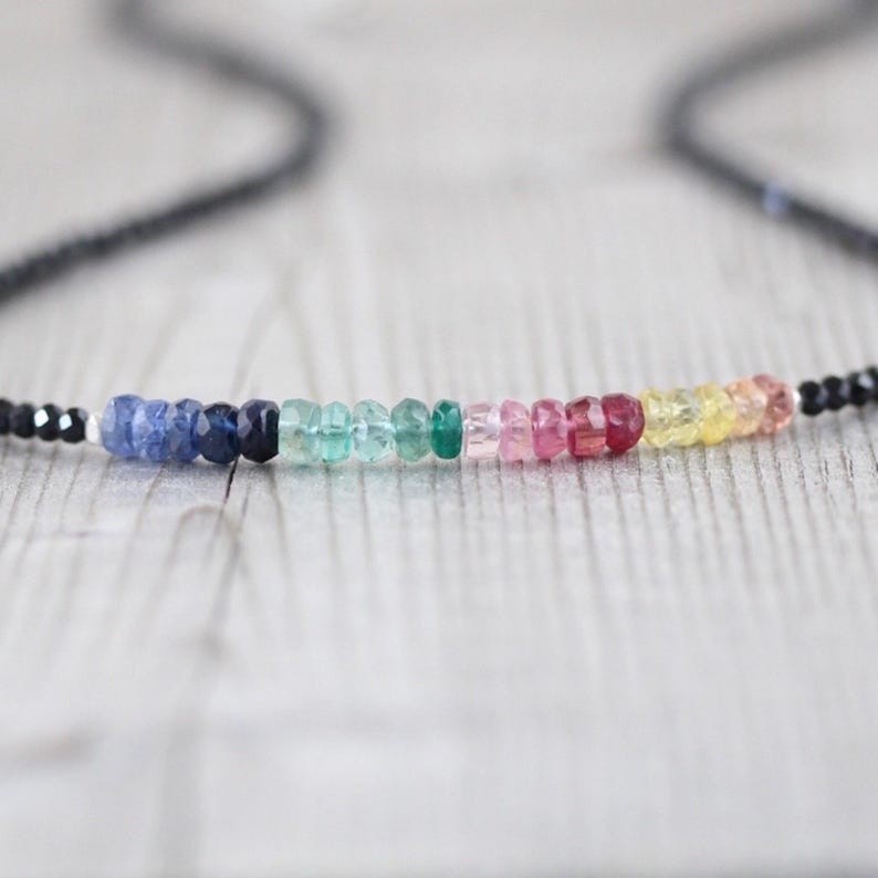 AA+ Natural Black And Multi Sapphire Beads Necklace In 925 Silver Woman Jewelry