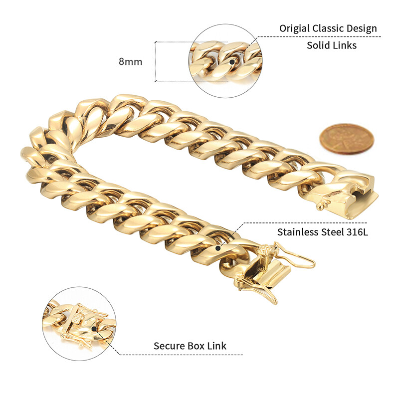 Men’s Miami Cuban Link Bracelet Chain 14K/18K Gold Plated Stainless Steel 4-14MM