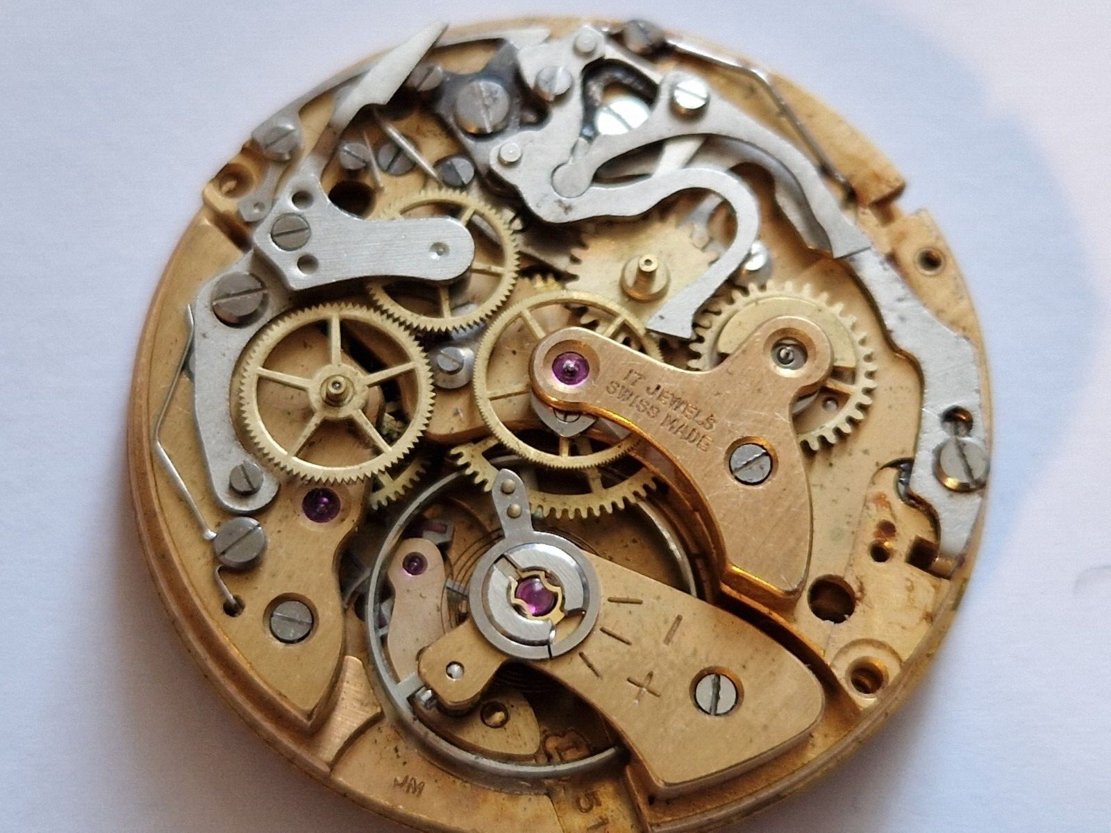 Vintage chronograph watch movement for parts cal Landeron 51 good balance