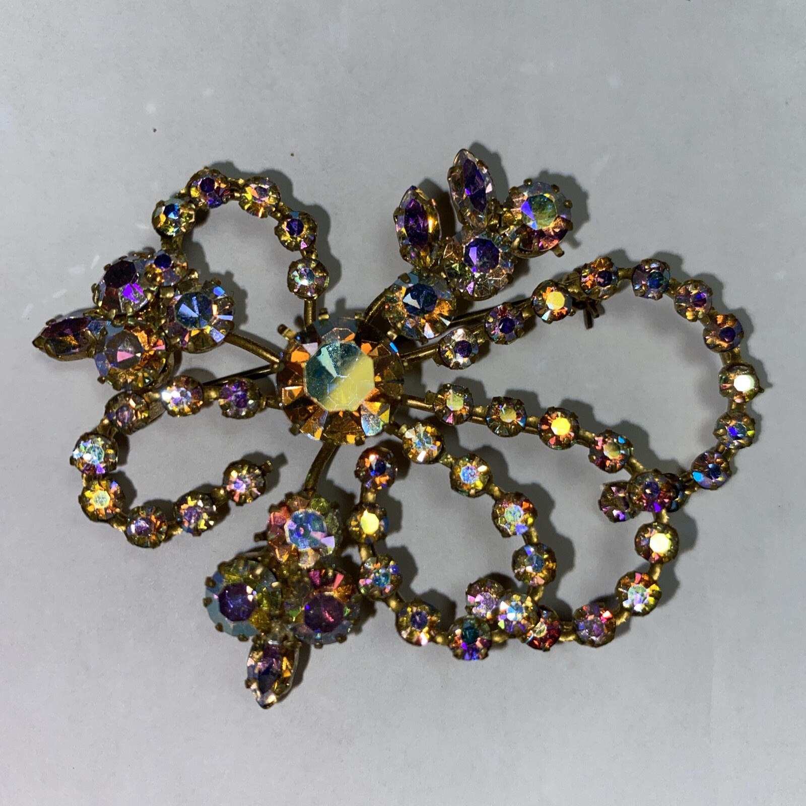 Brooch Pin Austrian Big Aurora Borealis Vintage Beauty 2.75” Colors Signed