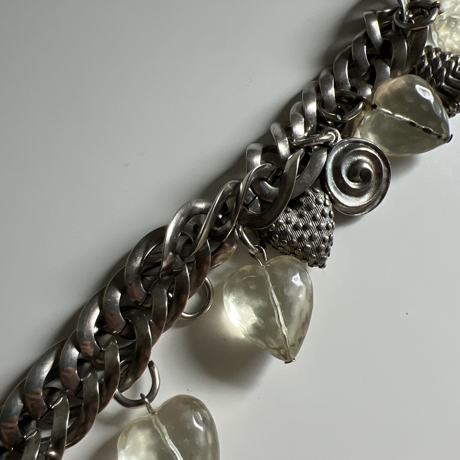 Vintage Silver Metal Chain Charm Bracelet Jewelry Lucite Heart Elephant Tassel
