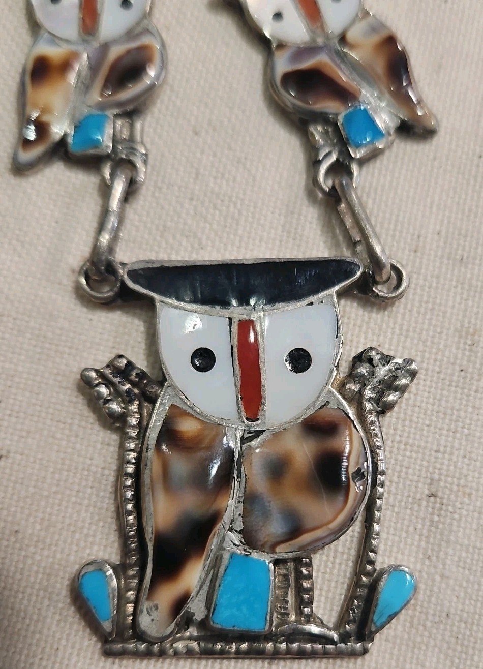 Vintage Zuni Pitkin Natewa Sterling Silver Multi-Stone Inlay Owl Necklace Signed