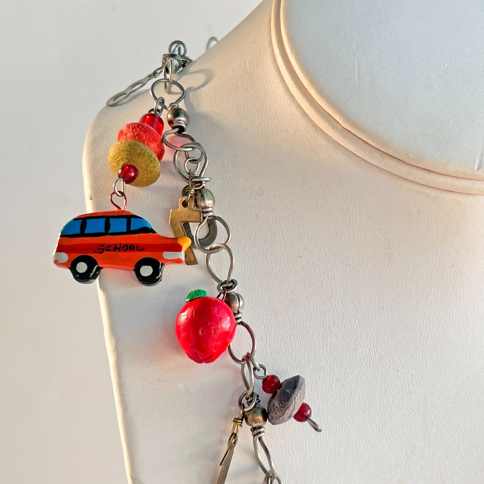 Kitchy School Teacher Themed Charm Necklace Buses Pencils Books Numbers 31″ J10