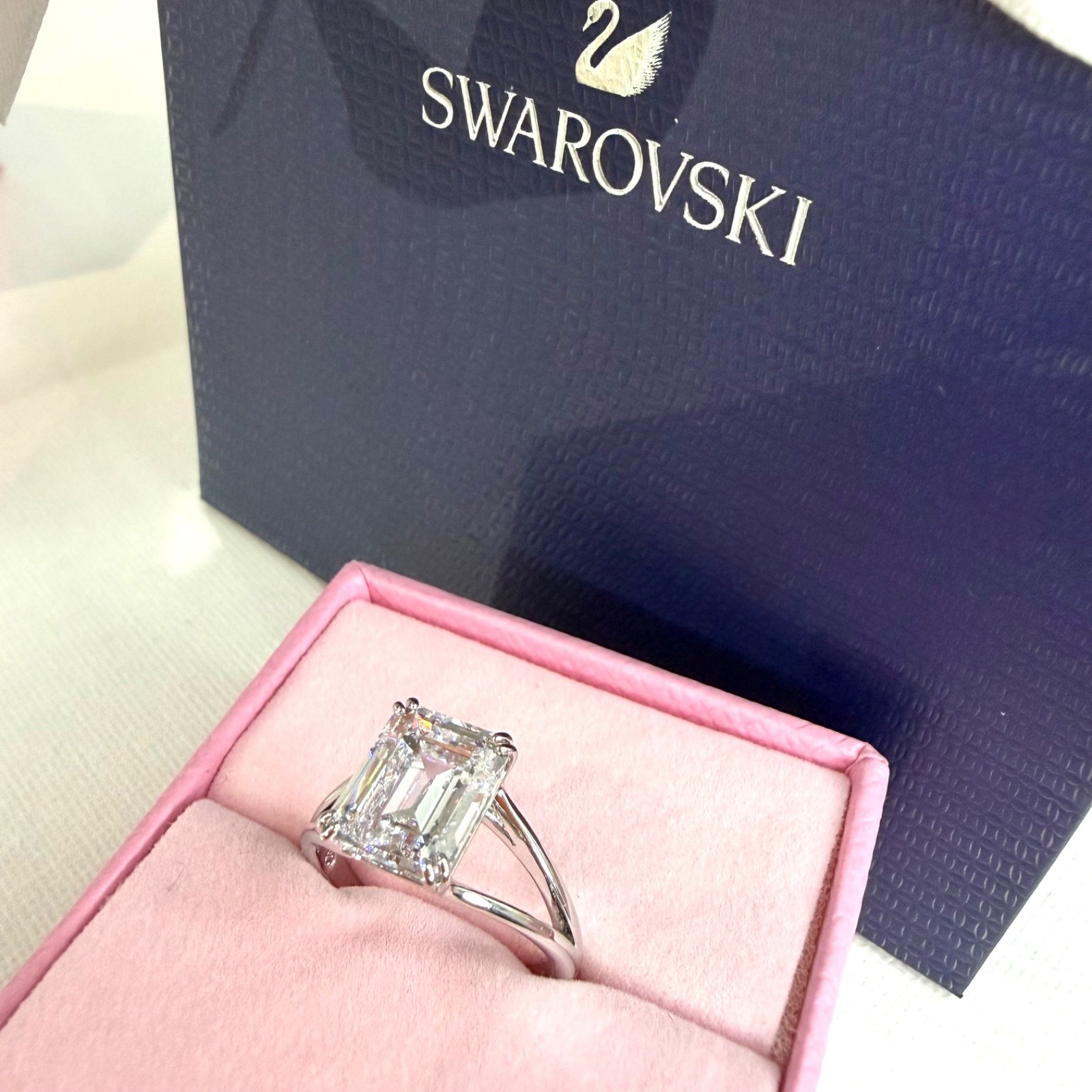 SWAROVSKI Stilla Ring Octagon Cut White Crystal Size 52 UK L Rhodium Plated NEW