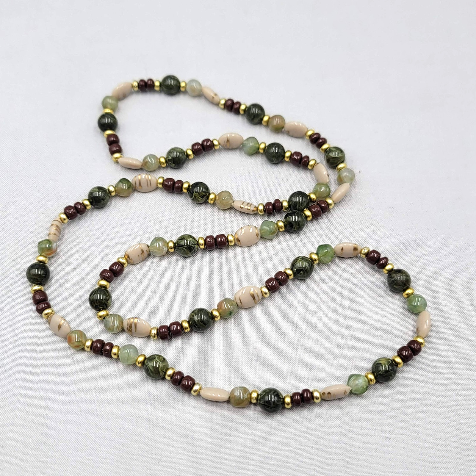 Vintage Brown Green Beige Bead Necklace Gold tone 36″