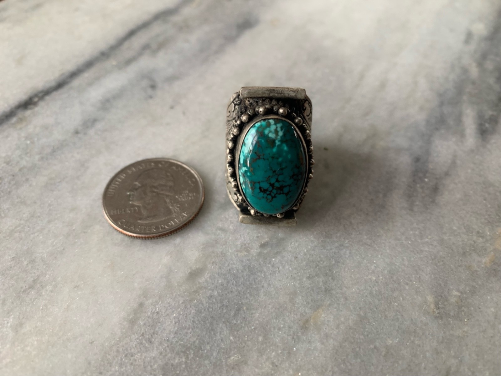 Vintage Tibetan Silver Hand Crafted Turquoise Ring Approx 20mm Size 10 Ring2