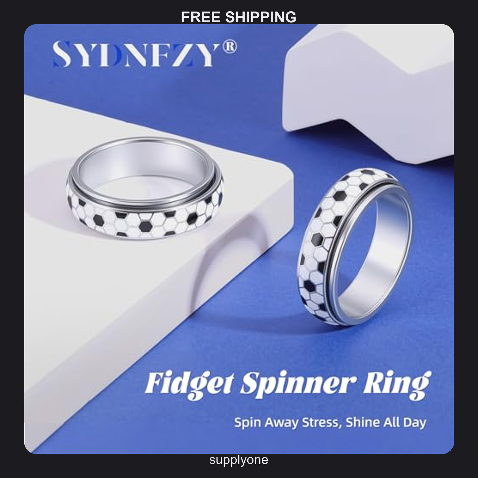 Stainless Steel Soccer Spinner Fidget Ring Size 7 Silver Sports Jewelry