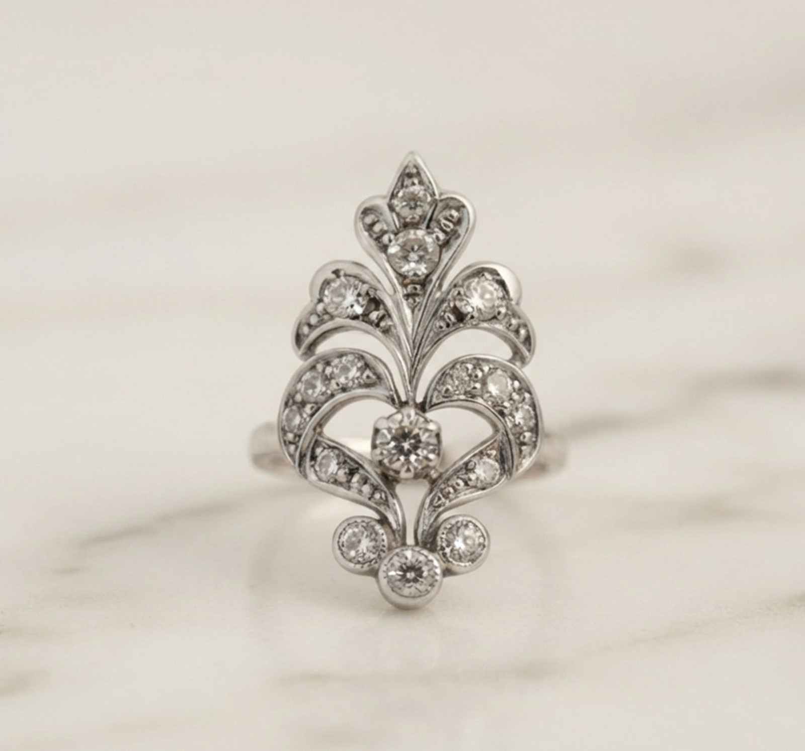 Round Cut Simulated Diamond 14K White Gold Victorian Art Nouveau Engagement Ring