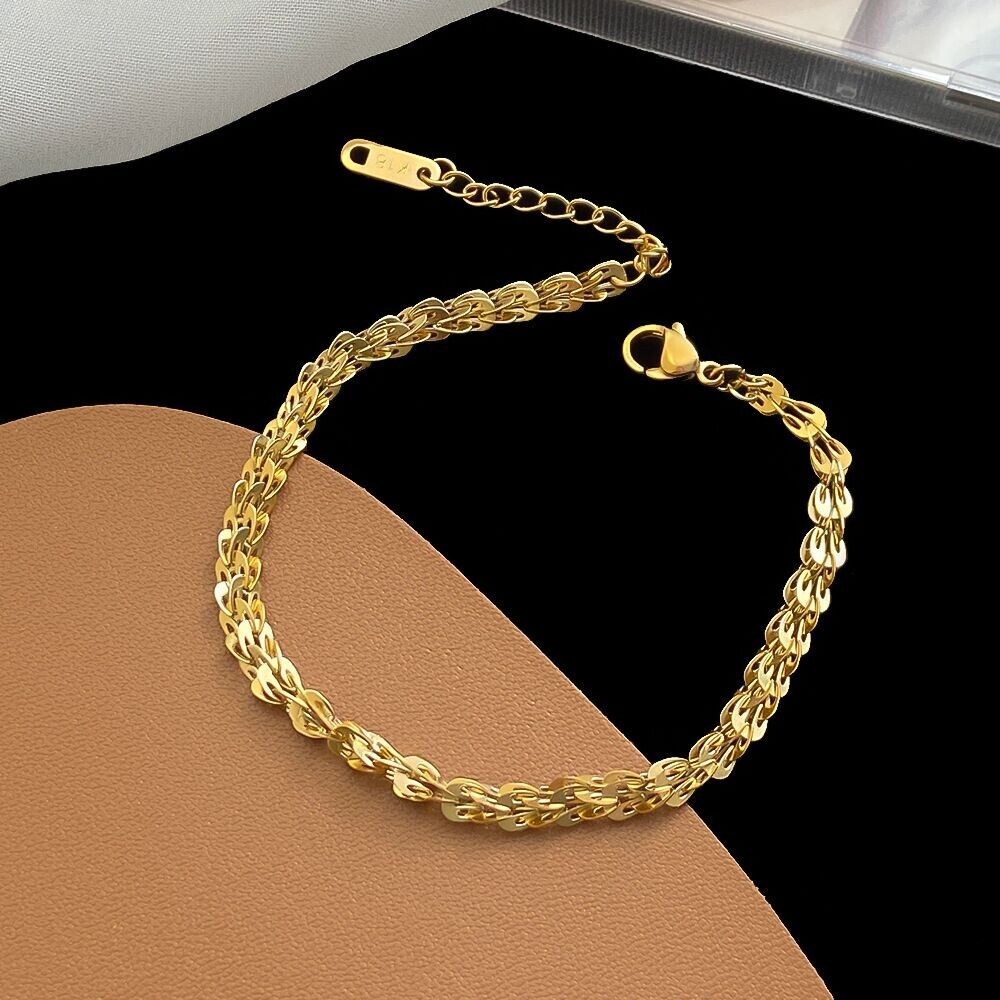 3mm Woman 18K Gold Plated Stainless Steel Starry Sequin Braided Bangle Bracelet
