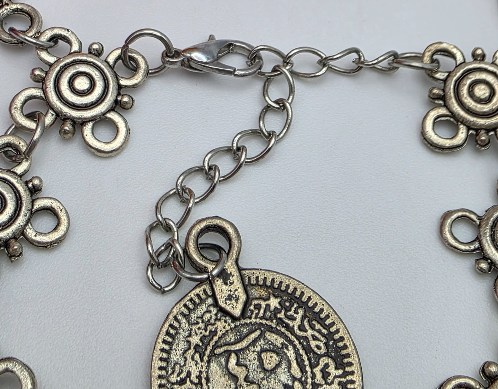 Boho Ottoman Style Coin Charm Bracelet Silver Tone Dangle 7 To 9.5 In Adjustable