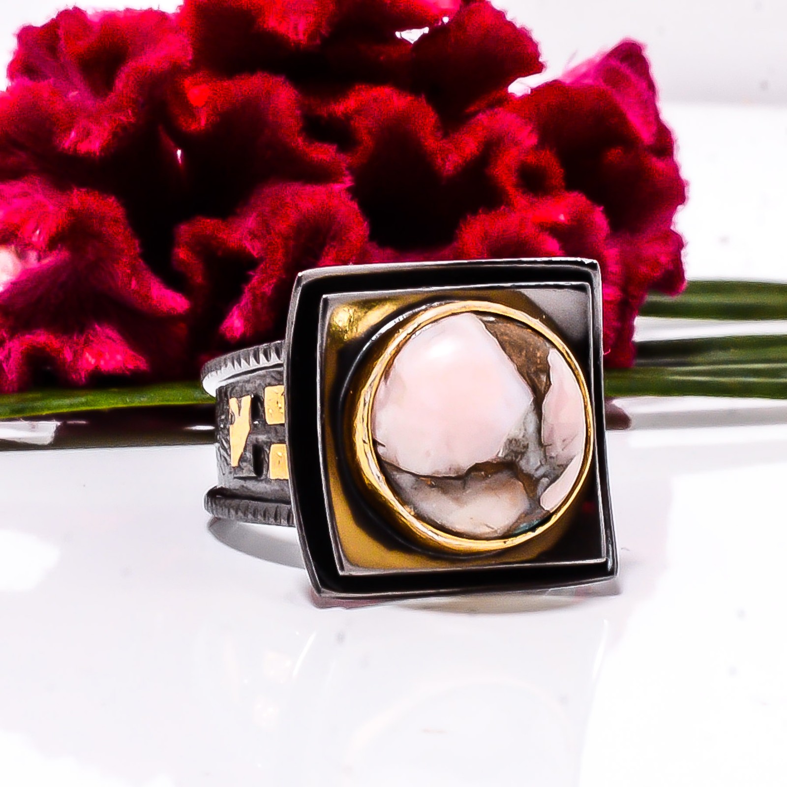 Copper Pink Opal – Peru Black And Gold Plated 925 Sterling Silver Ring s.8 Sku56