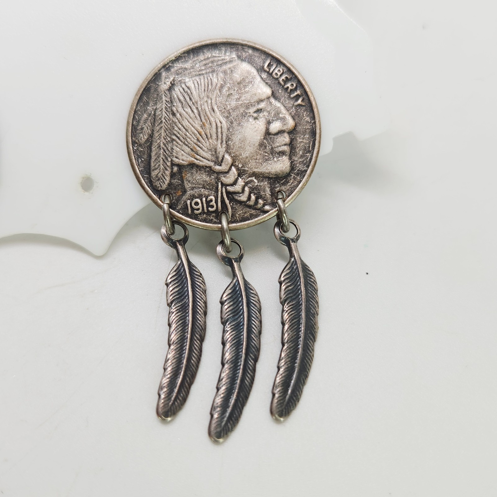 VTG Buffalo Nickle Indian Head 925 Sterling Silver Feather Dangle Coin Earrings