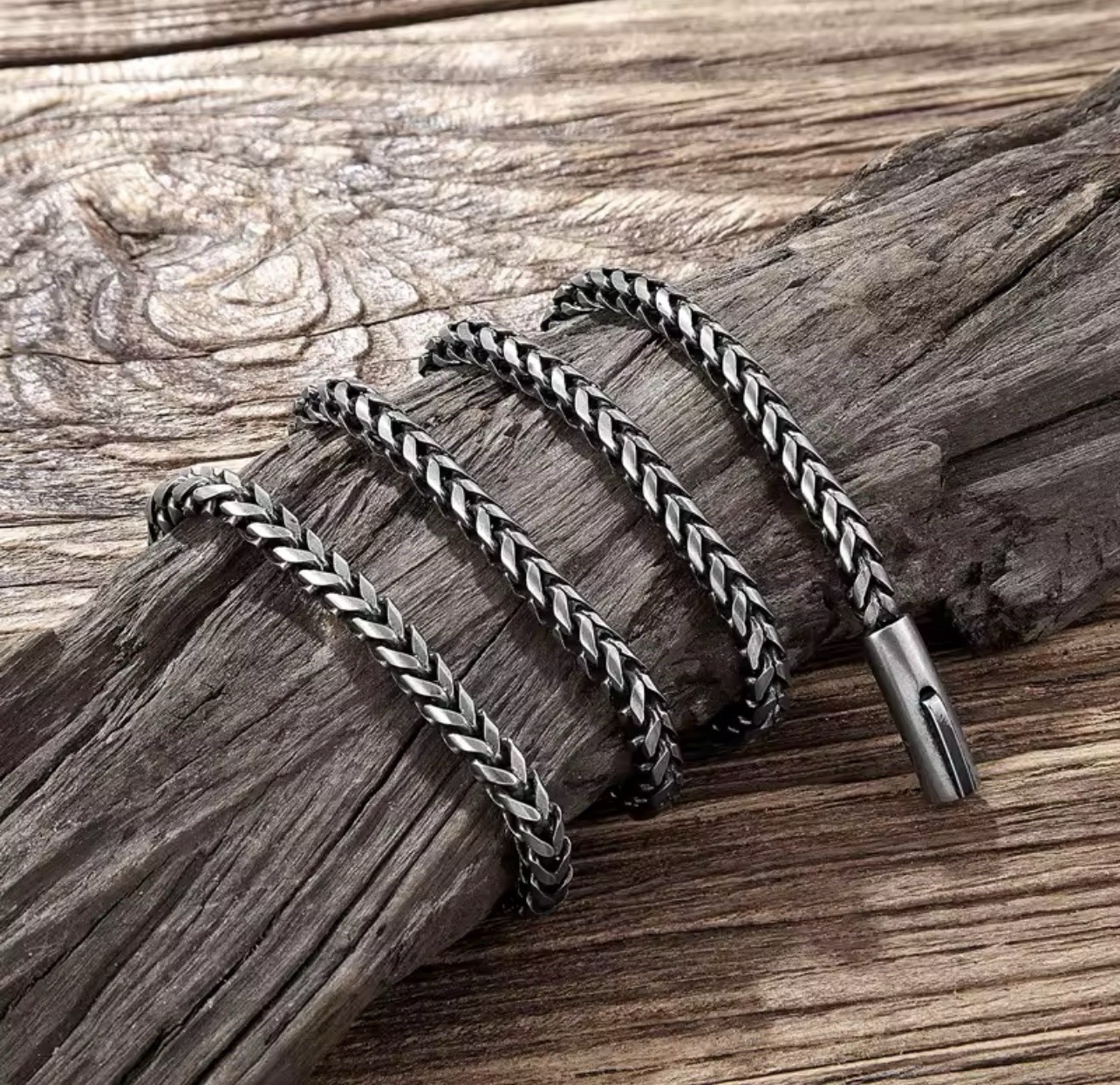 Men’s Black Silver Stainless Steel Viking Wheat Chain Necklace 60cm