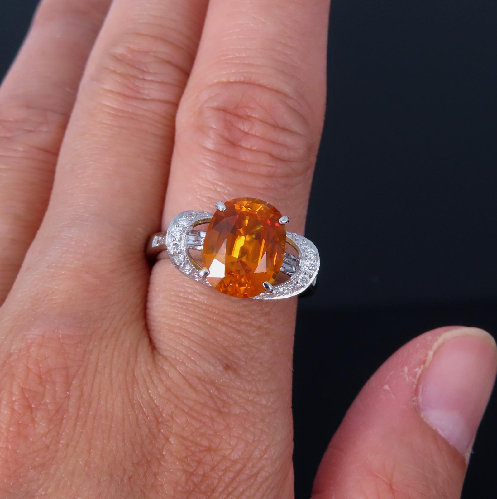 4.49ct GIA Vivid Orange Sapphire & 0.51ct Diamond Platinum Ring Size 6.5 8.1gr