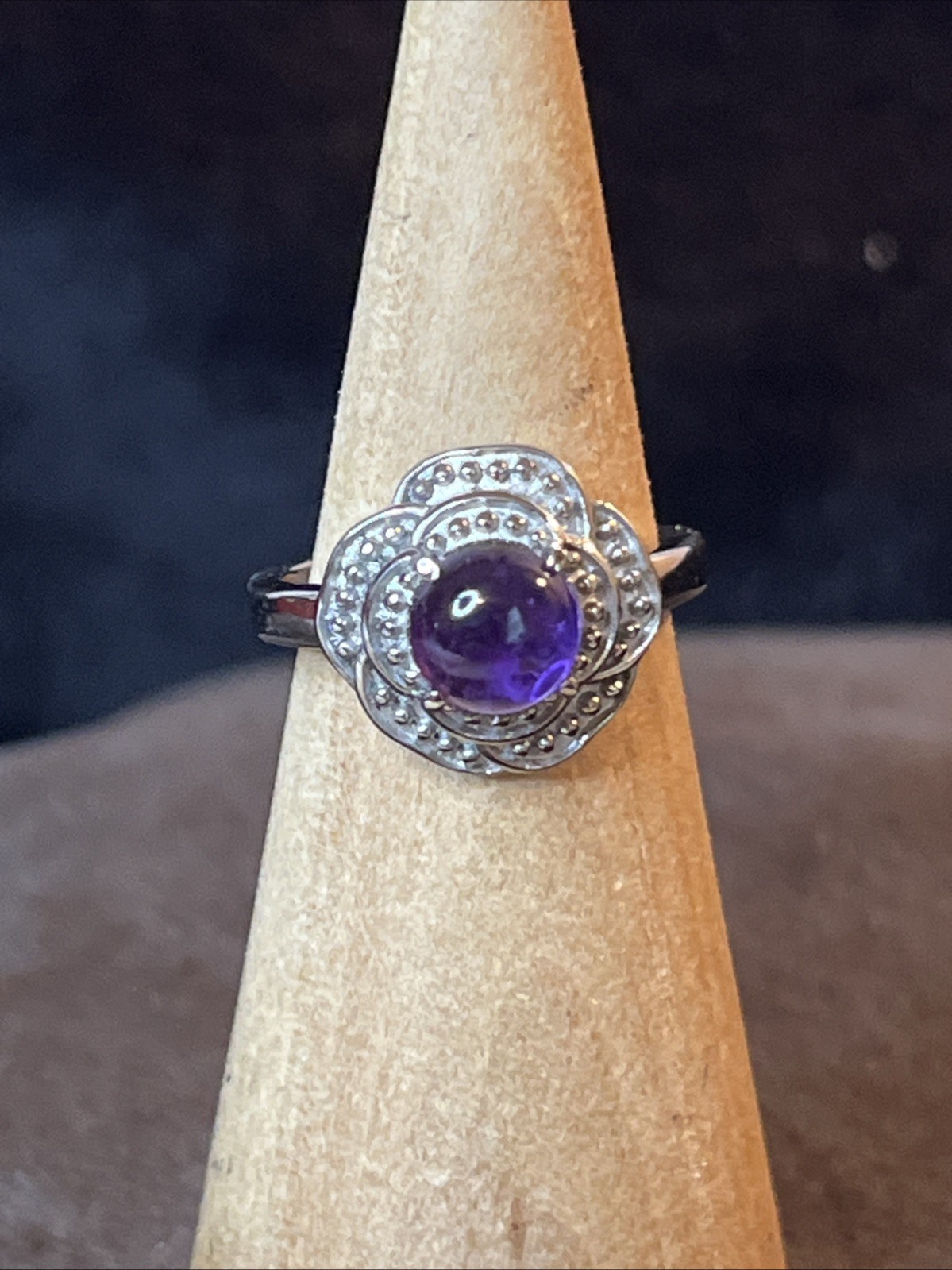 African Amethyst Floral Pure Stainless Steel Ring Size 6