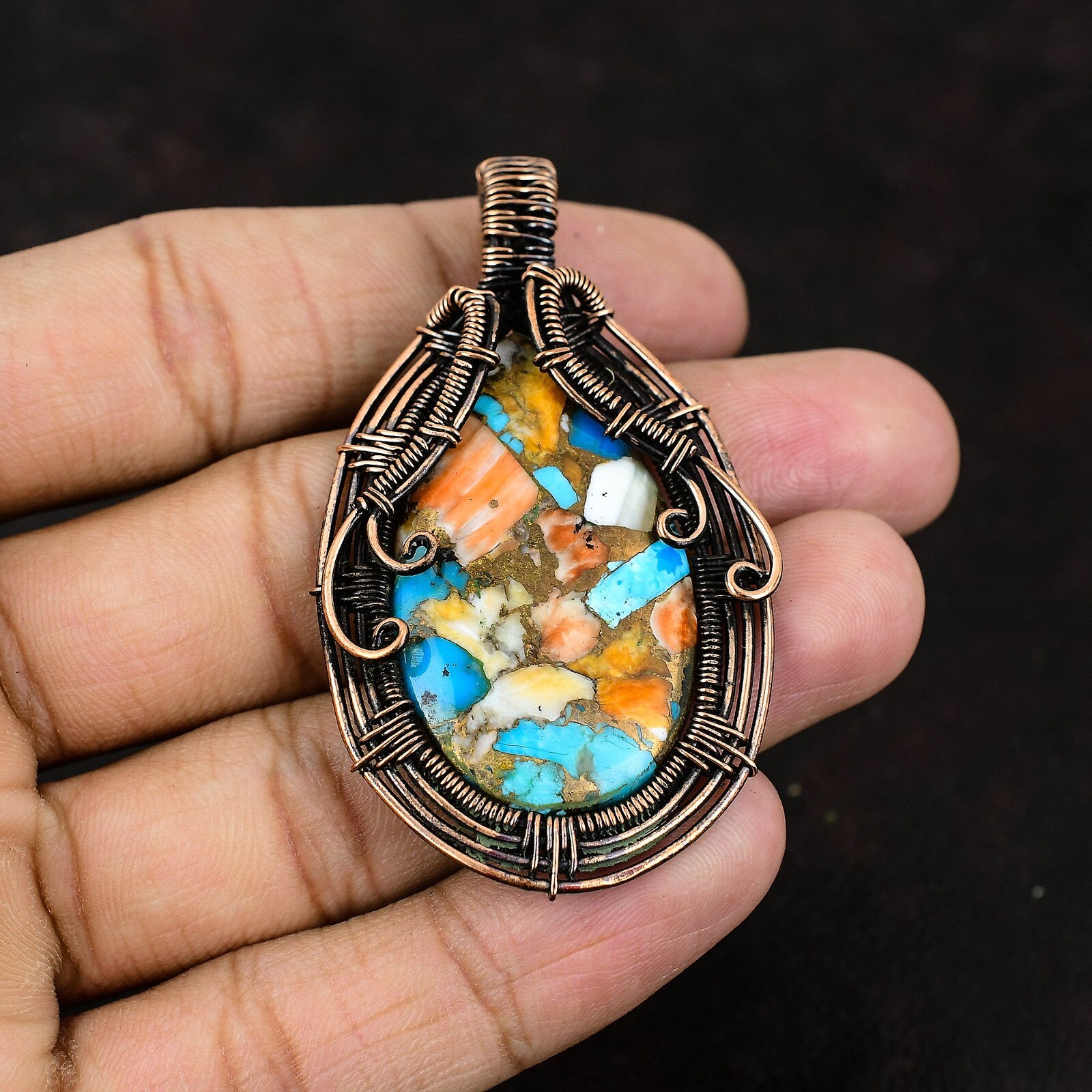 Spiny Oyster Turquoise Jewelry Copper Wire Wrapped Pendant For Women 2.56″