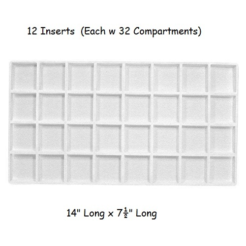 12 Tray Inserts 32 Compartment Liners White Jewelry Plastic 14″ x 7 ½” x ½”