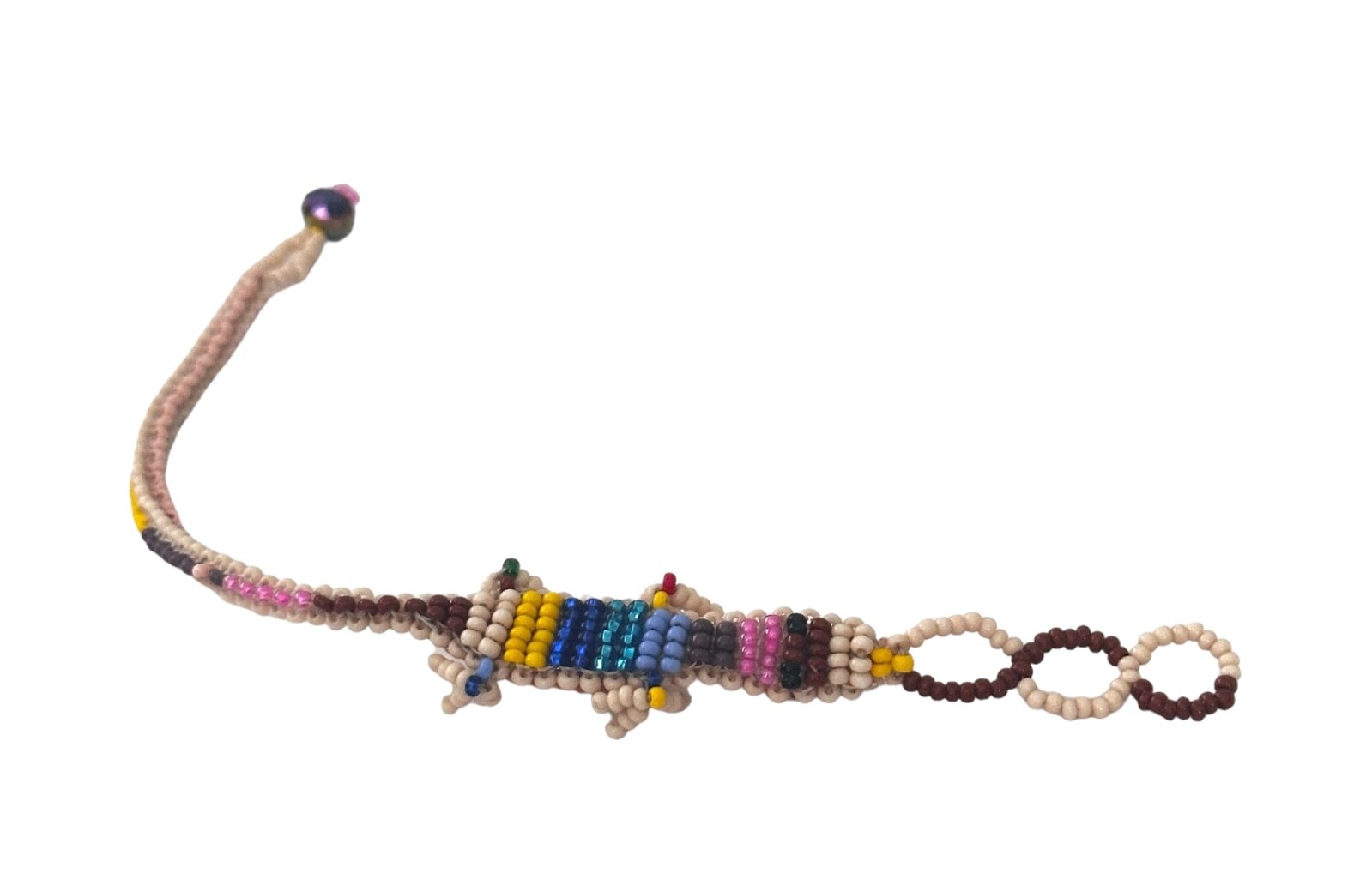 Spirit of Nature bracelet- seed beads- lizard- beige blue yellow pink brown