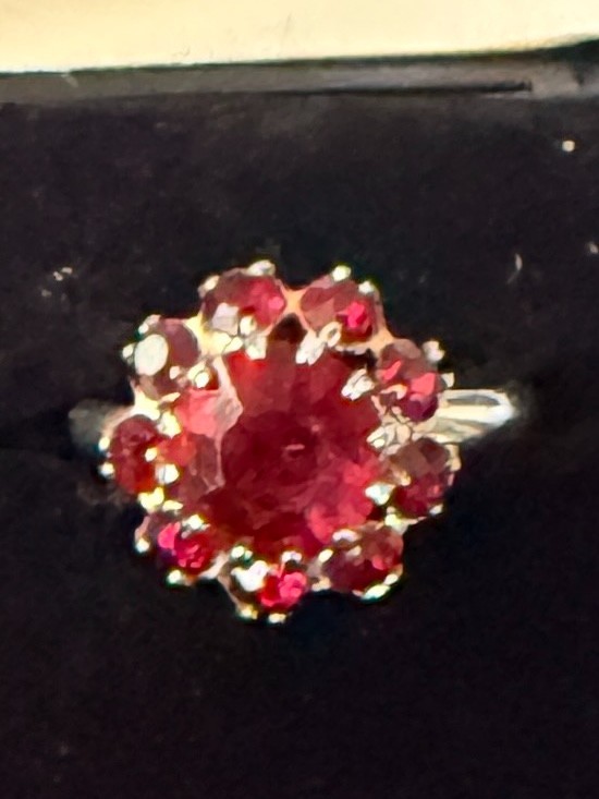Deep Burgundy ring features a cluster of red rhinestones in a gold-tone setting.