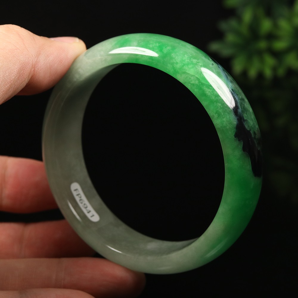61mm Black Emerald Green Jadeite Jade Bangle Bracelet Burma Jade Bangle A-13935